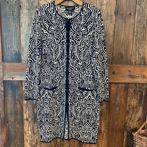 Colette Mordo Sadimara Sz M Black White Jacquard Knit Midi Button Sweater Jacket - Picture 9 of 12